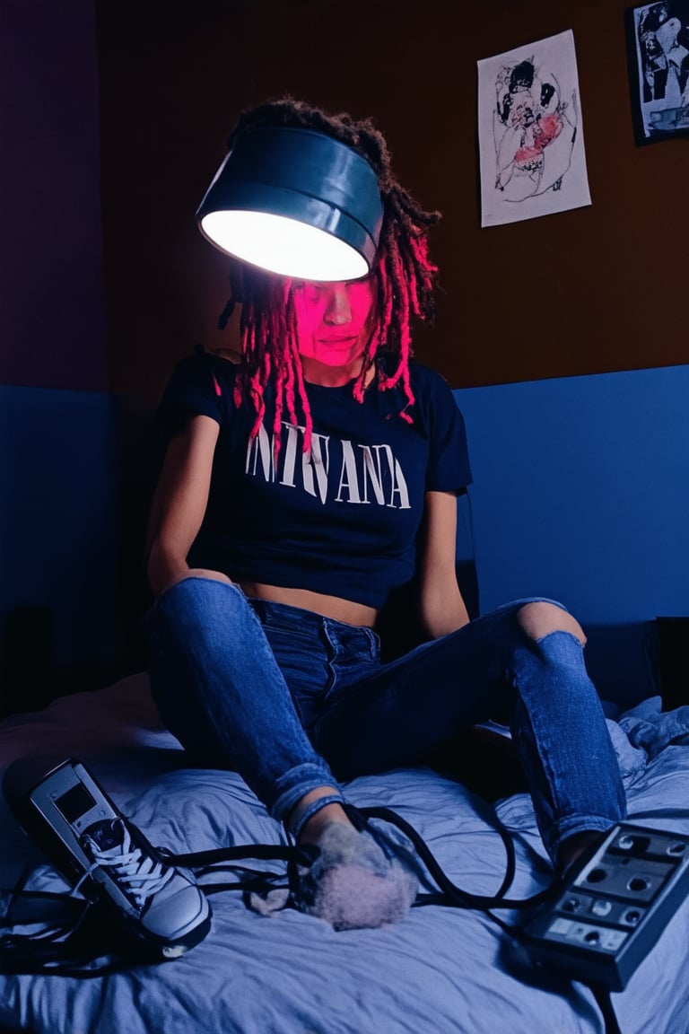 A close-up shot of a retro-styled teenage girl, circa 1995, sitting on her bed surrounded by cassette tapes, a Sony Discman, and a flip phone. Her bright pink hair is styled in messy dreadlocks, and she's wearing a baggy band t-shirt, high-waisted jeans, and chunky sneakers. The room is dimly lit with a single lamp casting a warm glow, while the walls are adorned with posters of Nirvana and Pearl Jam. The overall vibe is laid-back and alternative.