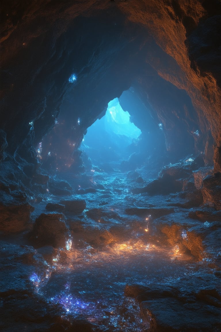 A close-up shot of a mystical cave, illuminated only by the soft glow of luminous crystals scattered across the walls and floor. The air is misty, with a hint of iridescent sparkle. A few crystals sit atop a pedestal, their facets reflecting the ambient light in shimmering hues. In the distance, ancient stone formations loom, bathed in an otherworldly radiance.