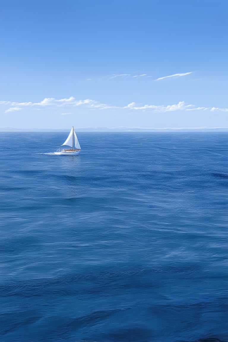 A majestic blue ocean stretches out as far as the eye can see, with gentle waves caressing the shore in a soothing rhythm. A lone sailboat drifts serenely across the calm waters, its white sails billowing in the soft breeze. The sky above is a brilliant blue, with only a few wispy clouds scattered across it, adding to the sense of tranquility.