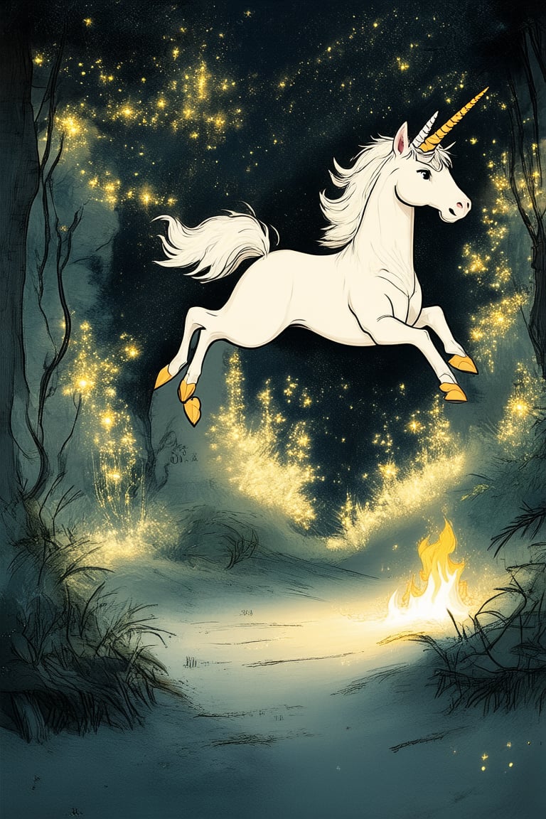 A whimsical animation studio, inspired by Don Bluth's classic style, featuring a fantastical forest with towering trees, twinkling fireflies, and a majestic unicorn prancing in the center, surrounded by a soft glow of golden light.