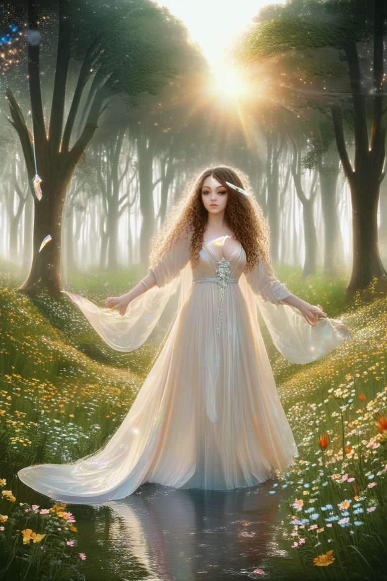 Mystical sorceress posing in a lush, green forest clearing, surrounded by vibrant wildflowers and towering trees. Soft, golden light filters through the leaves, casting an ethereal glow on her skin as she holds aloft a glowing crystal wand. Her eyes sparkle with wonder, and her long, curly hair flows like a river of night amidst the sun-dappled foliage.