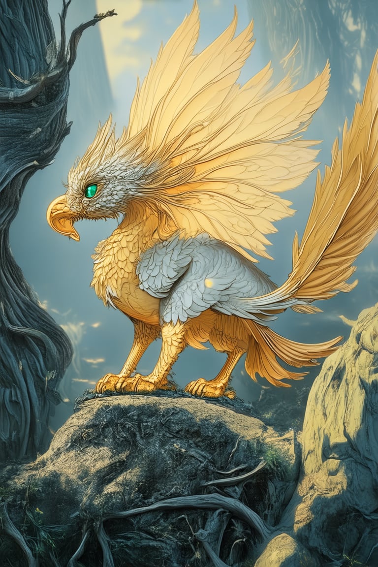 A mystical realm unfolds as a majestic Griffin, with shimmering golden feathers and piercing emerald eyes, perches regally upon a weathered stone pedestal. Soft, ethereal mist swirls around its claws, while the surrounding landscape features twisted gnarled trees, their branches like nature's own twisted sculptures. The warm sunlight casting long shadows across the mystical terrain.