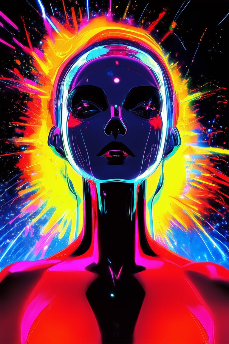 A vibrant and electrifying portrait of a person engulfed in an intense aura of bright, bold colors. The subject's skin glows with an extreme hue, reminiscent of neon lights, against a stark black background that accentuates the radiant tone. Their eyes gleam like sapphires, shining brightly amidst this chromatic explosion.