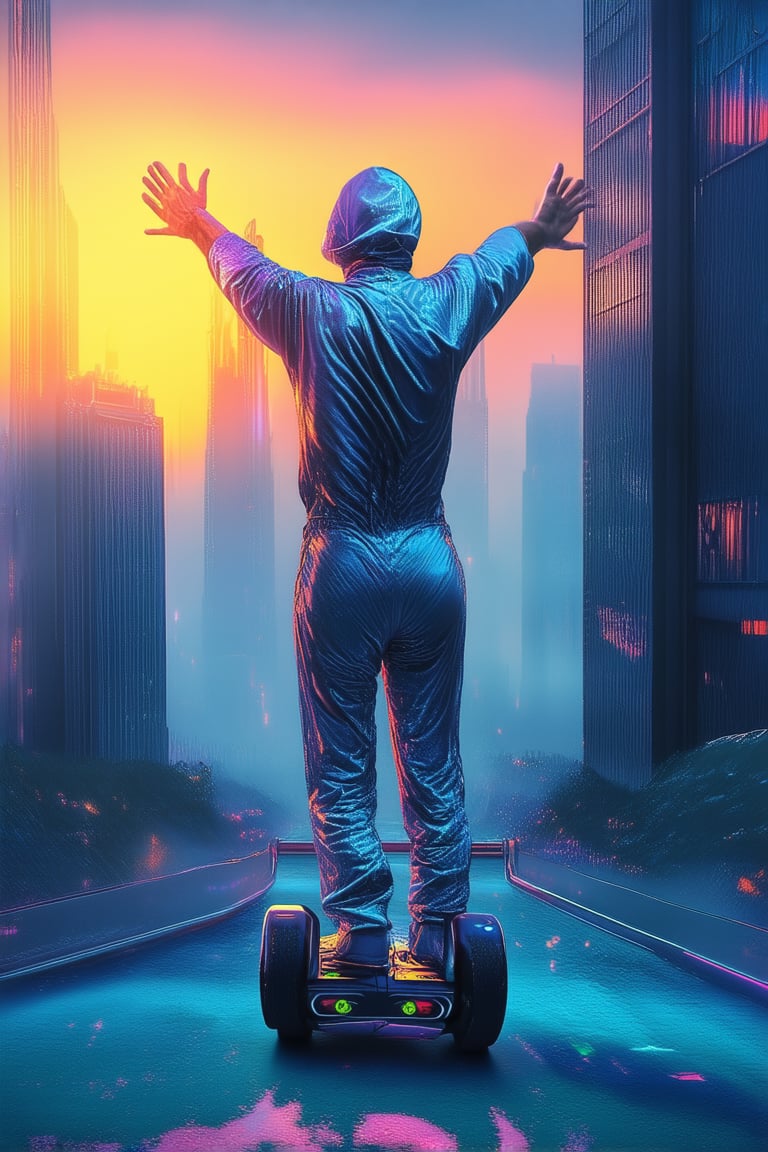 A futuristic cityscape at dusk, with a vibrant gradient sky transitioning from deep blues to fiery oranges, casting a warm glow on the sleek skyscrapers. In the foreground, a lone figure in a futuristic jumpsuit stands atop a hoverboard, arms outstretched as if embracing the kaleidoscope of colors above, amidst a haze of misty fog and neon city lights.