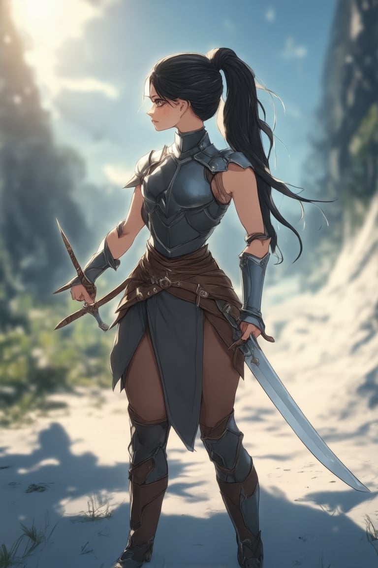 A young woman stands confidently with her feet shoulder-width apart, one hand resting on the hilt of a sword at her hip. Her long, flowing hair is tied back in a ponytail, and she wears a sleeveless outfit adorned with intricate armor plating. The bright sunlight casts dramatic shadows on her determined face as she gazes into the distance, ready to take on any challenge that comes her way.