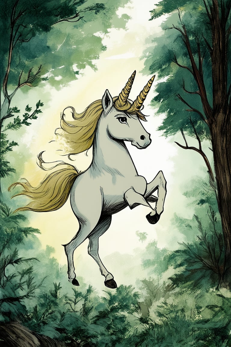 A whimsical cartoon landscape, reminiscent of Don Bluth's nostalgic flair, features a fantastical forest with towering trees and lush greenery. A majestic unicorn, with shimmering horn and flowing mane, prances through the underbrush, its delicate hooves barely touching the ground as it gazes up at a radiant sunbeam filtering through the leafy canopy.