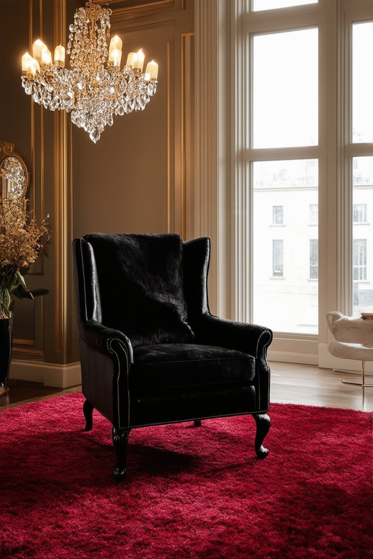 A high-end boutique interior: A luxurious black leather armchair sits majestically in front of a floor-to-ceiling window, its plush cushions and sleek design accentuated by the soft glow of golden evening light. The room's opulent atmosphere is enhanced by rich wood accents, crystal chandeliers, and a velvety red rug, as if to mirror the indulgent vibe of the chair itself.