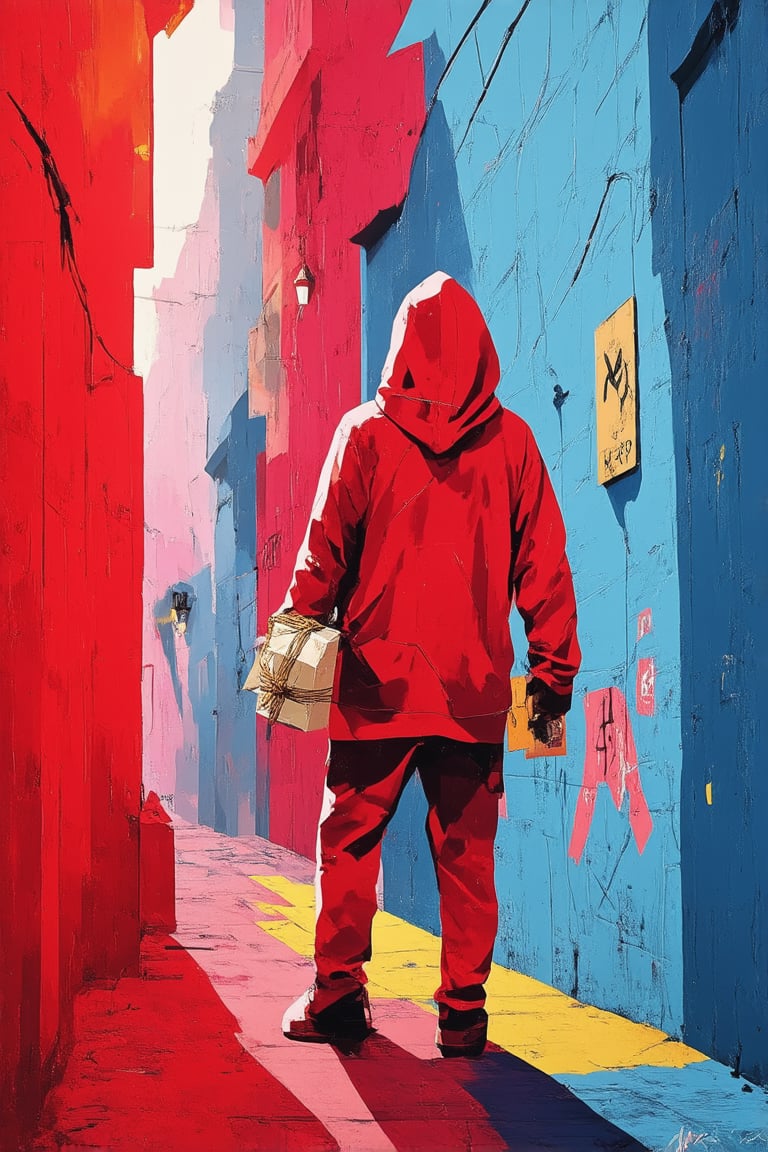 A dimly lit, graffiti-covered alleyway at dusk, with a hint of mistiness in the air. A lone figure, shrouded in shadows, holds a mysterious package wrapped in layers of tape and twine. The subject's face is obscured by a hoodie, adding to their enigmatic aura. Flickering streetlights cast long silhouettes on the walls as the city hums with secrets.