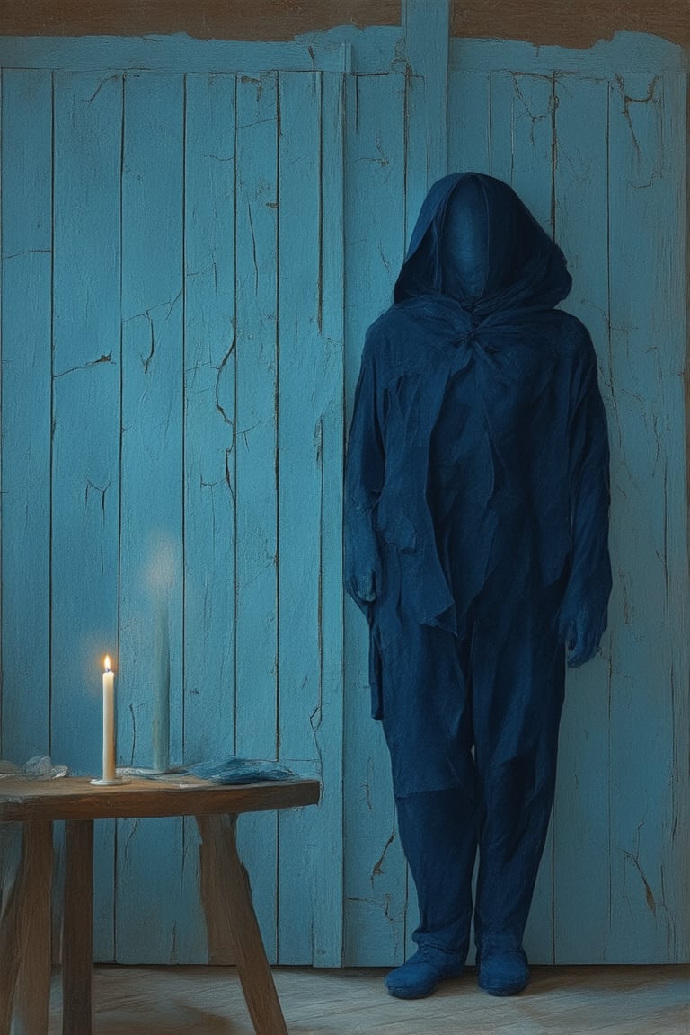 A dark blue canvas with a sense of realism. A figure stands in front of a worn wooden door, its surface weathered and cracked. The subject's face is obscured by shadows, with only their determined gaze visible. A single candle flickers on the nearby table, casting an eerie glow. The dark blue hue envelops the scene, evoking feelings of melancholy and foreboding.