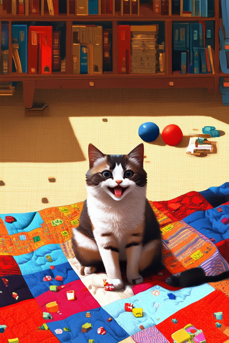 Whimsical illustration of a smiling cat sitting on a colorful patchwork quilt amidst a warm, cozy living room setting with soft golden lighting, surrounded by scattered toys and books, showcasing the cat's playful yet content nature.