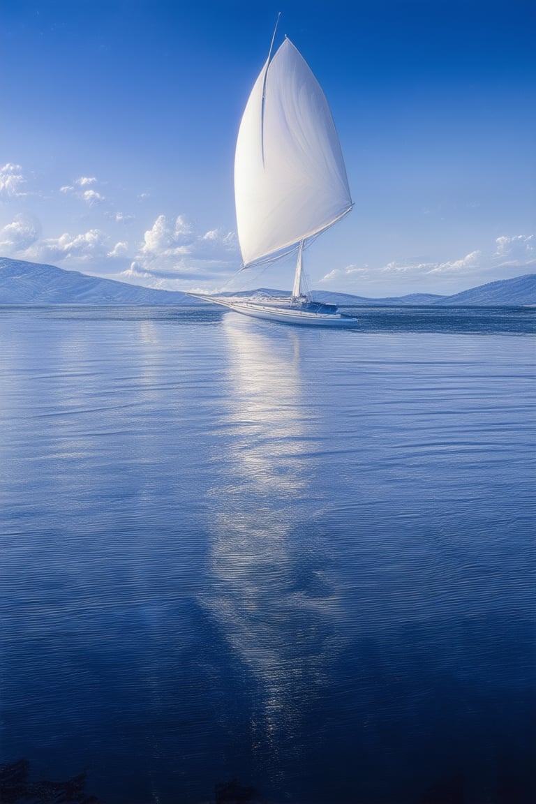 A sweeping aerial view of a serene lake at dawn, with the majestic blue sky unfolding like a canvas above. The water's gentle ripples reflect the vibrant hue, creating an mesmerizing symmetry. A solitary sailboat glides effortlessly across the surface, its white sails billowing in the breeze.