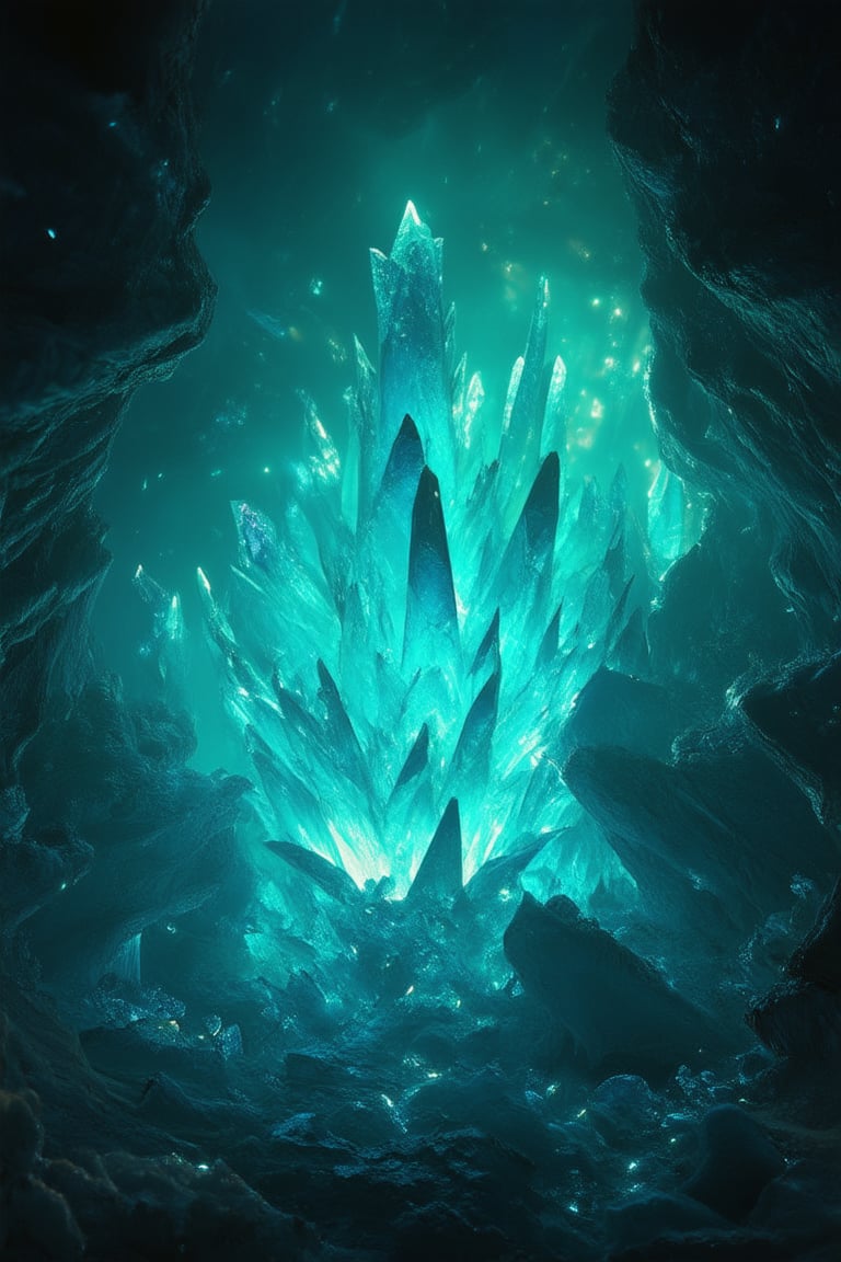 A close-up shot of a mystical crystal cave, lit by an ethereal blue-green glow emanating from the crystals themselves. Towering crystal formations stretch towards the darkness above, their facets refracting light into dazzling patterns. A few scattered crystals at the base of the cave emit soft pulses of luminescence, as if beckoning the viewer deeper into the mystical realm.