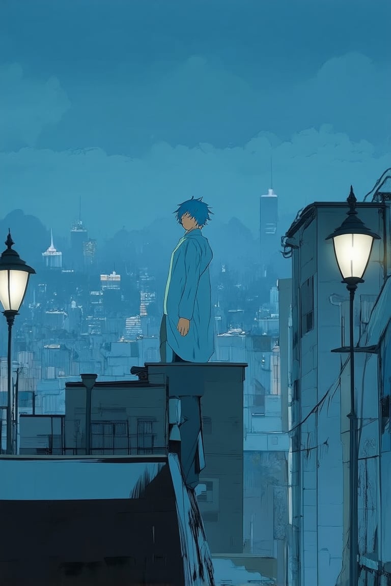 A serene blue-hued cityscape at dusk, with a lone anime protagonist standing atop a building's rooftop, gazing out into the horizon. Softly lit by warm street lamps and misty atmosphere, their bright blue hair shines like a beacon against the darkening sky. The composition focuses on the character's contemplative pose, set against the vibrant urban backdrop.