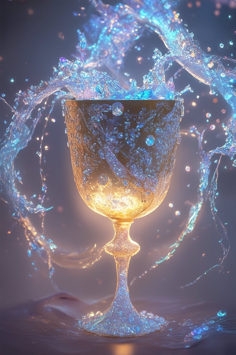 A mystical realm bathed in ethereal light, where glowing crystals suspended from wispy vines cast an otherworldly glow. In the foreground, a delicate, gemstone-encrusted chalice overflows with iridescent crystals, as if the very essence of the land has been distilled within. The background fades to misty purple, with subtle hints of luminescence.