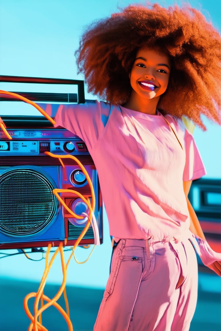 Vibrant 90s aesthetic: a sun-kissed girl with big hair and bold lip gloss poses in front of a retro-style boombox, surrounded by cassette tapes and neon-colored cords. Soft focus captures the warmth of a summer afternoon, with gentle sunlight casting a warm glow on her bright smile.