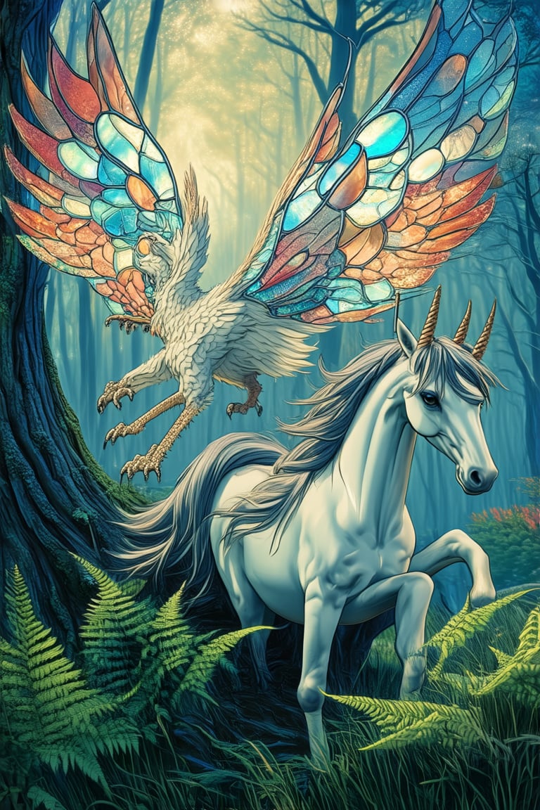 A mystical forest glows with an ethereal light as fantasy creatures convene. A majestic Griffin perches atop a ancient tree, its piercing gaze surveying the gathering below. Nearby, a mischievous Pixie flits between towering ferns, her iridescent wings shimmering like stained glass. In the distance, a regal Unicorn stands proud, its horn aglow with an otherworldly essence.