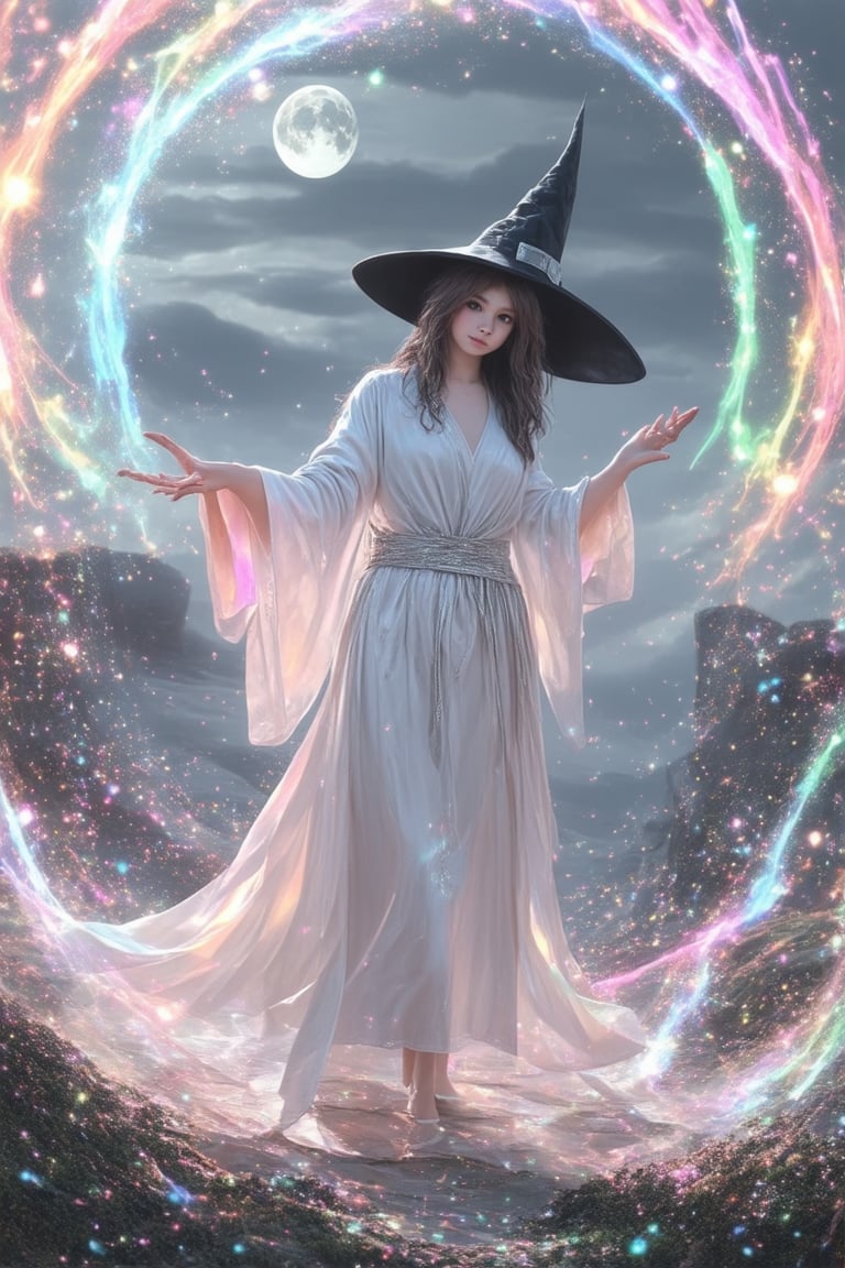 A whimsical illustration of a young witch, 'WonderMagic', standing amidst a swirling vortex of colorful sparks and glittering dust, her eyes aglow with an inner light. She wears a flowing white robe, cinched at the waist with a sparkling silver belt, as she casts a spell with her outstretched hand. A misty moon rises above the mystical scene, casting an ethereal glow.