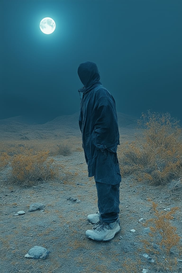 A dark blue realism image: A moody, atmospheric scene with a predominantly dark blue tone. Focus on a solitary figure standing in a desolate, overgrown landscape, with worn-out shoes and tattered clothing. The subject's face is obscured by shadows, conveying a sense of anonymity and isolation. A faint moon glows in the distance, casting an eerie light on the barren terrain.