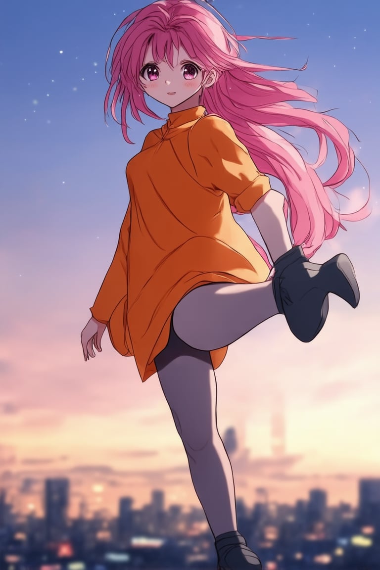 A close-up shot of a young anime girl in a dynamic pose, standing confidently with one foot slightly forward and the other back, her arms relaxed by her sides. Her bright pink hair flows like a fiery mane around her face, illuminated by soft pastel lighting that casts a warm glow on her determined expression. The background is a blurred cityscape at sunset, with vibrant hues of orange and purple.