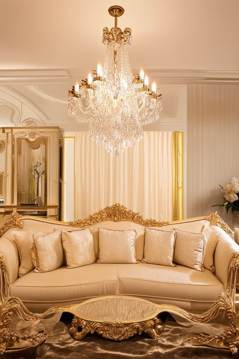 A sumptuous living room scene: a plush cream-colored sofa, adorned with intricate gold accents, sits majestically beneath a stunning crystal chandelier. Soft, warm lighting casts a flattering glow on the subject's serene features as they recline, surrounded by opulent furnishings and lavish throw pillows. The atmosphere exudes wealth and refinement.