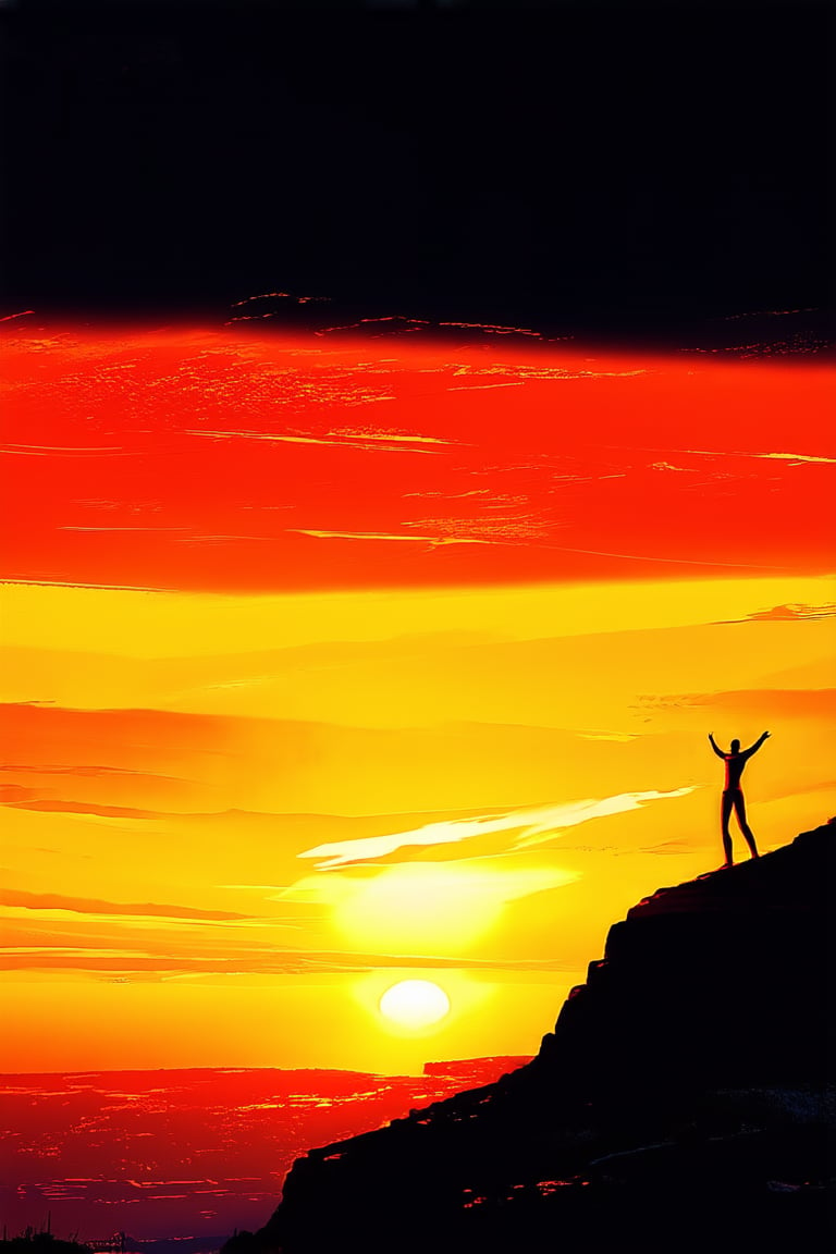 Vibrant sunset landscape with bold orange hues dominating the scene. A lone figure stands at the edge of a cliff, arms outstretched, as the sky transforms into an extreme shade of burnt orange, nearly blinding in its intensity. Golden light casts long shadows across the rugged terrain, while the subject's silhouette defines their stance against the fiery backdrop.