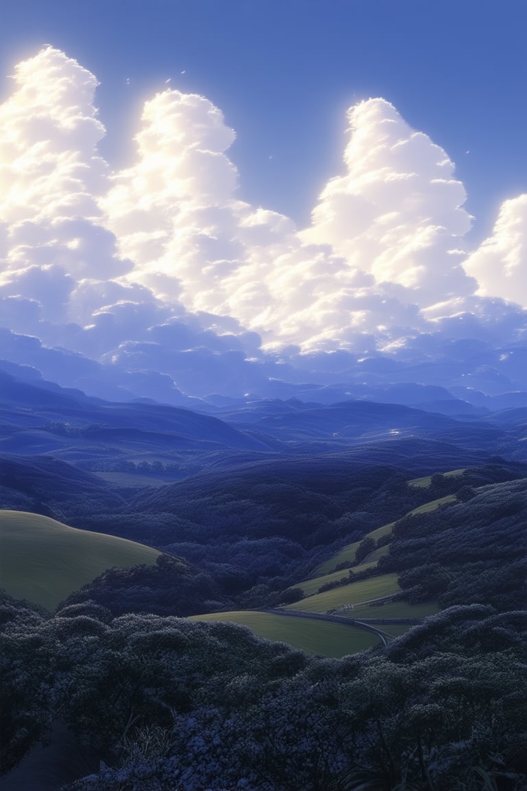 A majestic blue sky with wispy clouds stretches across the horizon, framing a serene landscape of rolling hills and lush greenery. The warm sunlight casts a gentle glow on the scenery, accentuating the vibrant hue of the sky.