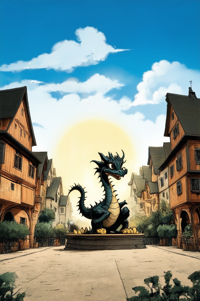 A nostalgic cartoon landscape with a warm, golden light, reminiscent of Don Bluth's classic animated films. A whimsical town square with intricately detailed buildings and lush greenery, set against a bright blue sky with puffy white clouds. In the center, a majestic dragon statue stands proudly, its scales glistening in the sunlight.