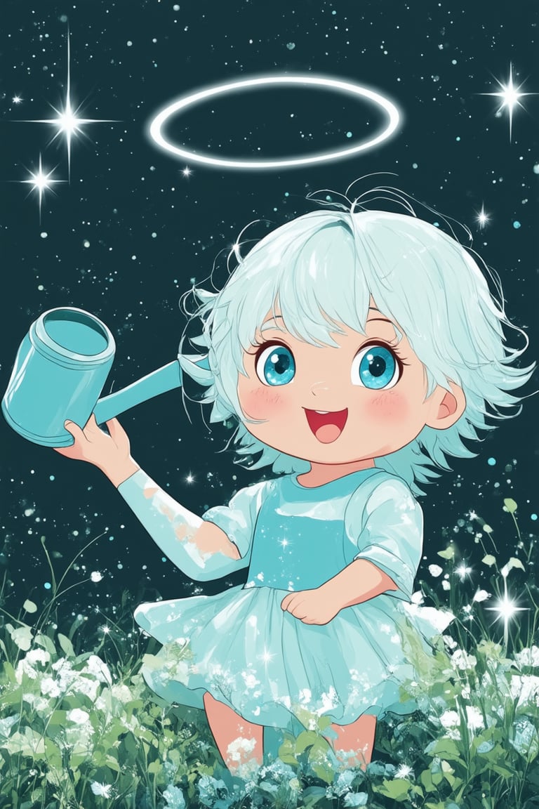 In this enchanting chibi world, a diminutive Everything proudly holds a teeny watering can in chubby hands, its sparkling blue eyes aglow with enthusiasm as it nurtures the garden's wee plants. A few stray wisps of hair frame Everything's cherubic face like a celestial halo. Soft, pastel hues of blue and white dance across the scene, with playful brushstrokes and whimsical details filling the composition.