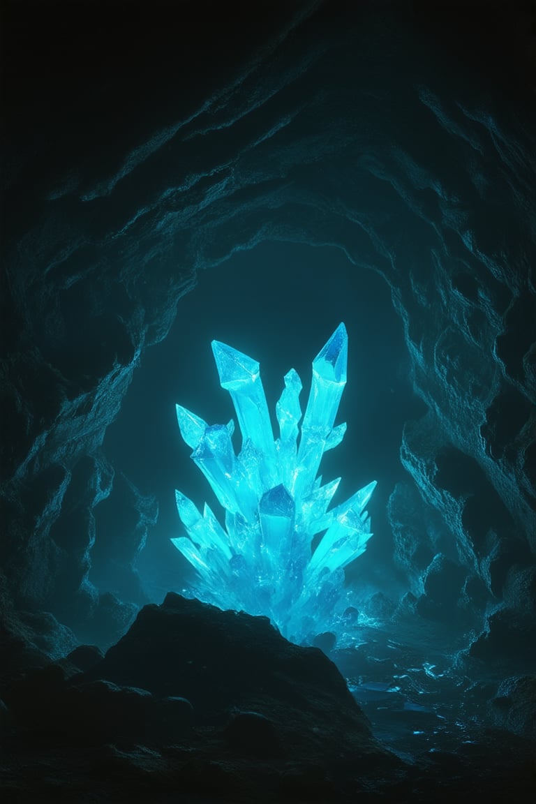 A dark cave's walls illuminate with an otherworldly glow as a cluster of glowing crystals rise from the ancient stone floor. Soft blue light emanates from within their translucent bodies, casting an ethereal ambiance. The air is thick with mist, and the sound of gentle dripping water creates a soothing melody.