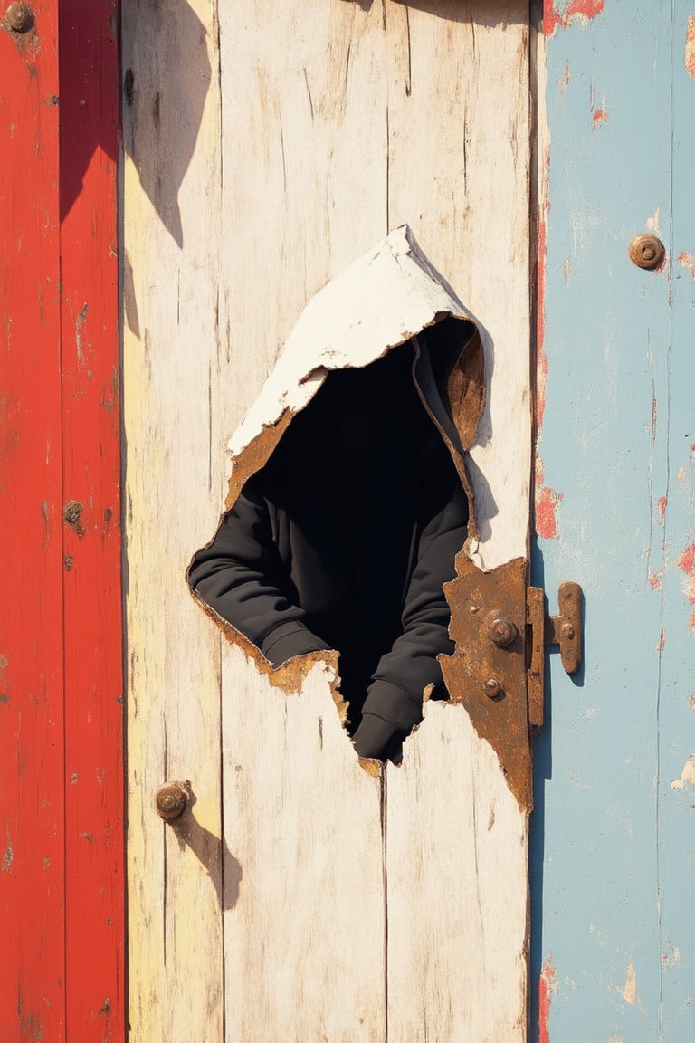 A close-up shot of a hooded figure in a black hoodie, face obscured by shadows, peers out from behind a worn wooden door with rusty hinges. The door's peeling paint and weathered woodgrain texture evoke a sense of aged mystery. Harsh overhead lighting casts long shadows, emphasizing the enigmatic subject's anonymity. A faint cityscape glows in the background, adding to the urban mystique.