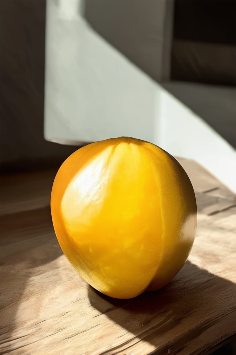 A bright yellow Hakame fruit sits prominently on a rustic wooden table, illuminated by soft morning light streaming through a window. The fruit's vibrant color and slight sheen catch the eye, while the surrounding wood grain adds warmth to the scene.