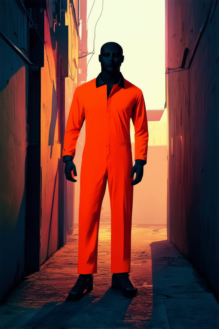 Vibrant neon hues illuminate a dark alleyway at sunset. A figure in a bold orange jumpsuit stands out against the drab concrete walls, their pose confident and commanding. The bright colors of the outfit radiate an intense energy, as if ready to burst forth from the urban landscape.