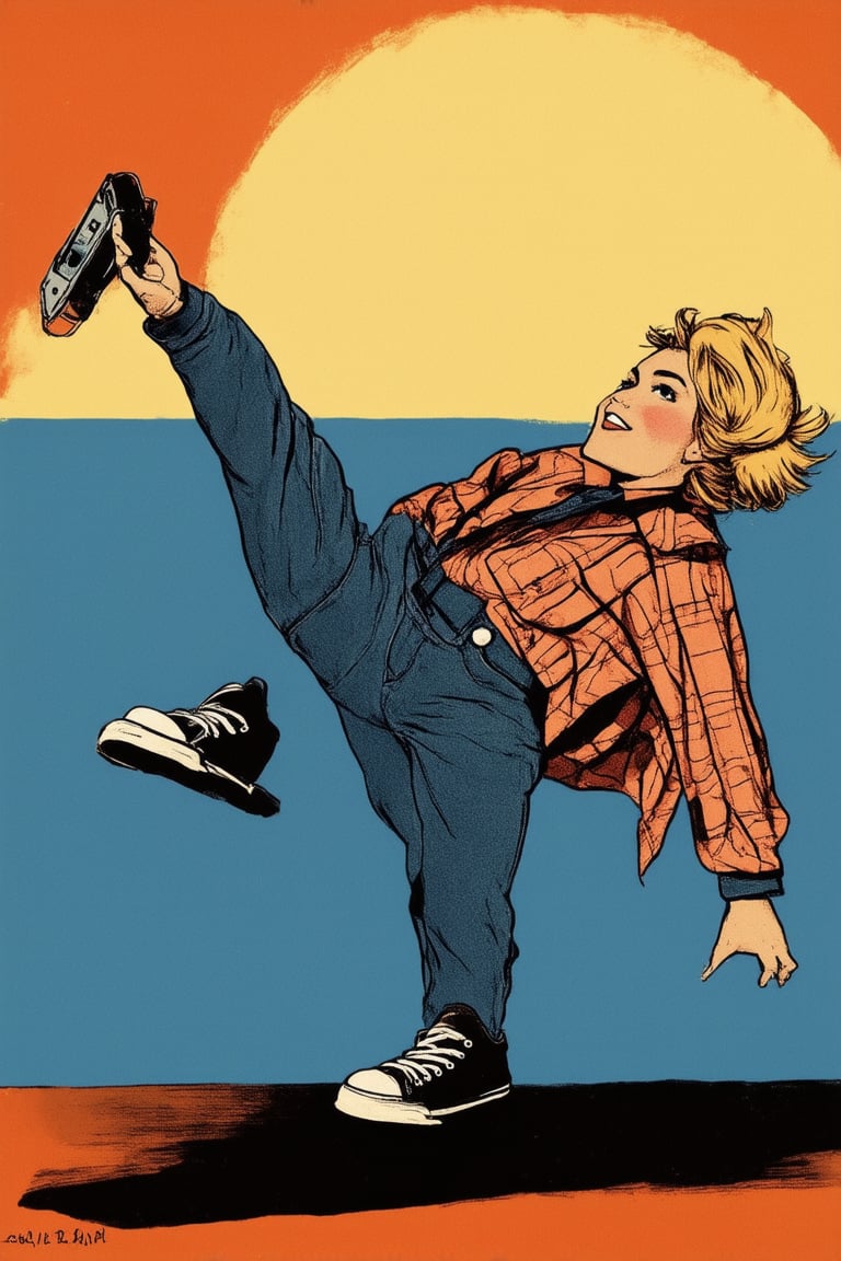 A retro-inspired visual depicting a carefree individual, dressed in a nostalgic outfit featuring high-waisted jeans, oversized flannel shirt, and chunky sneakers. The scene is set against a warm, sun-kissed background with a subtle gradient of orange and yellow hues. The subject's hair is messy and unkempt, with a scrunchie adorning their wrist. A cassette tape or vinyl record lies nearby, hinting at the soundtrack of this nostalgic moment.