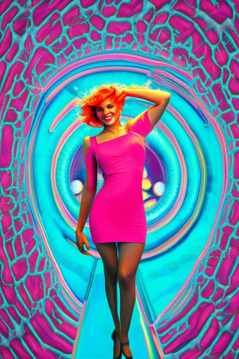 A bright and airy studio setting with a vibrant pink and blue color scheme dominates the scene. A model with a fiery red hair stands out against the kaleidoscope background, her pose confident and playful as she gazes directly at the viewer with a radiant smile. The lighting is soft and natural, with a hint of warmth from a nearby lamp.