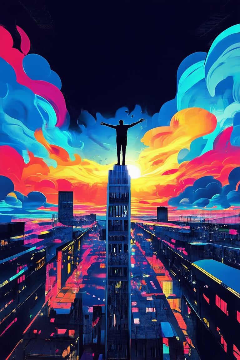 A vibrant, neon-lit cityscape at dusk, with buildings and streets bathed in an extreme hue of electric blue. The sky is a kaleidoscope of colors, transitioning from deep purple to fiery orange, as the sun dips below the horizon. A lone figure stands atop a skyscraper, arms outstretched, amidst the swirling storm of color.