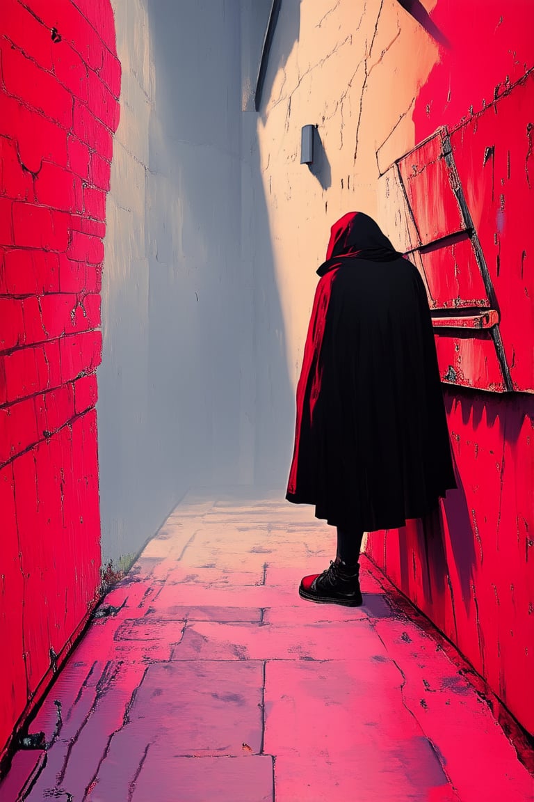 A dimly lit alleyway at dusk, with worn brick walls and a faint scent of urban decay. In the center, a hooded figure in a black cloak, their face obscured by shadows, stands with legs spread wide, one foot firmly planted on a rusted metal dumpster, as if daring passersby to uncover their identity.