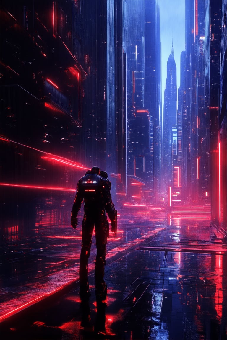 A futuristic cityscape at dusk, with neon lights reflecting off wet pavement. A lone figure, a cybernetic mercenary, stands atop a skyscraper, gazing out at the sprawling metropolis. The merc's eyes glow bright blue as they survey their domain, a fusion of human and machine.