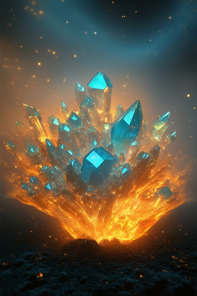 A surreal landscape unfolds as a cluster of glowing crystals erupts from the dark earth, surrounded by an ethereal mist. Soft, golden light illuminates the scene, casting an otherworldly glow on the crystalline formations and mystical fog. The crystals' luminescent hue shifts from deep blues to fiery oranges, hypnotizing all who behold them.