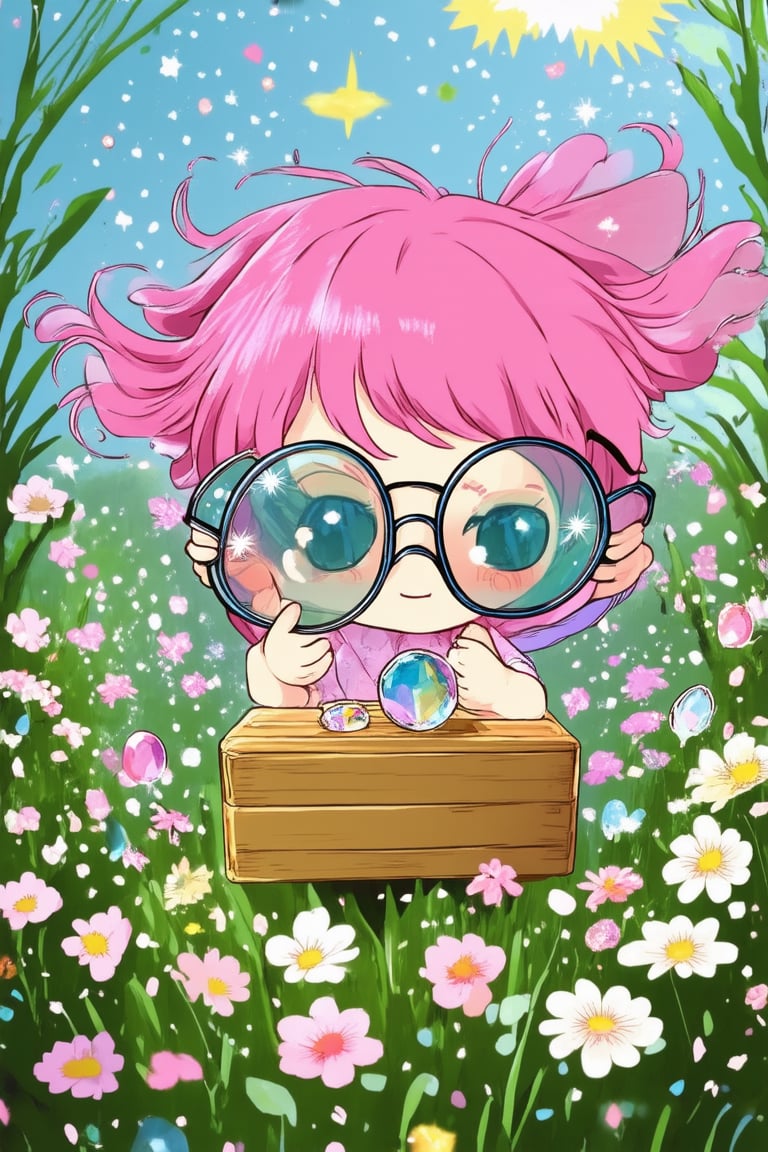 A whimsical chibi scene: In a warm, sunlit clearing, surrounded by lush greenery and vibrant flowers, a tiny Eveything (think cartoonishly oversized glasses and bright pink hair) proudly holds up a miniature, intricately crafted wooden box adorned with sparkling gemstones. A sprinkle of fairy dust surrounds her, as if infused into the air itself.