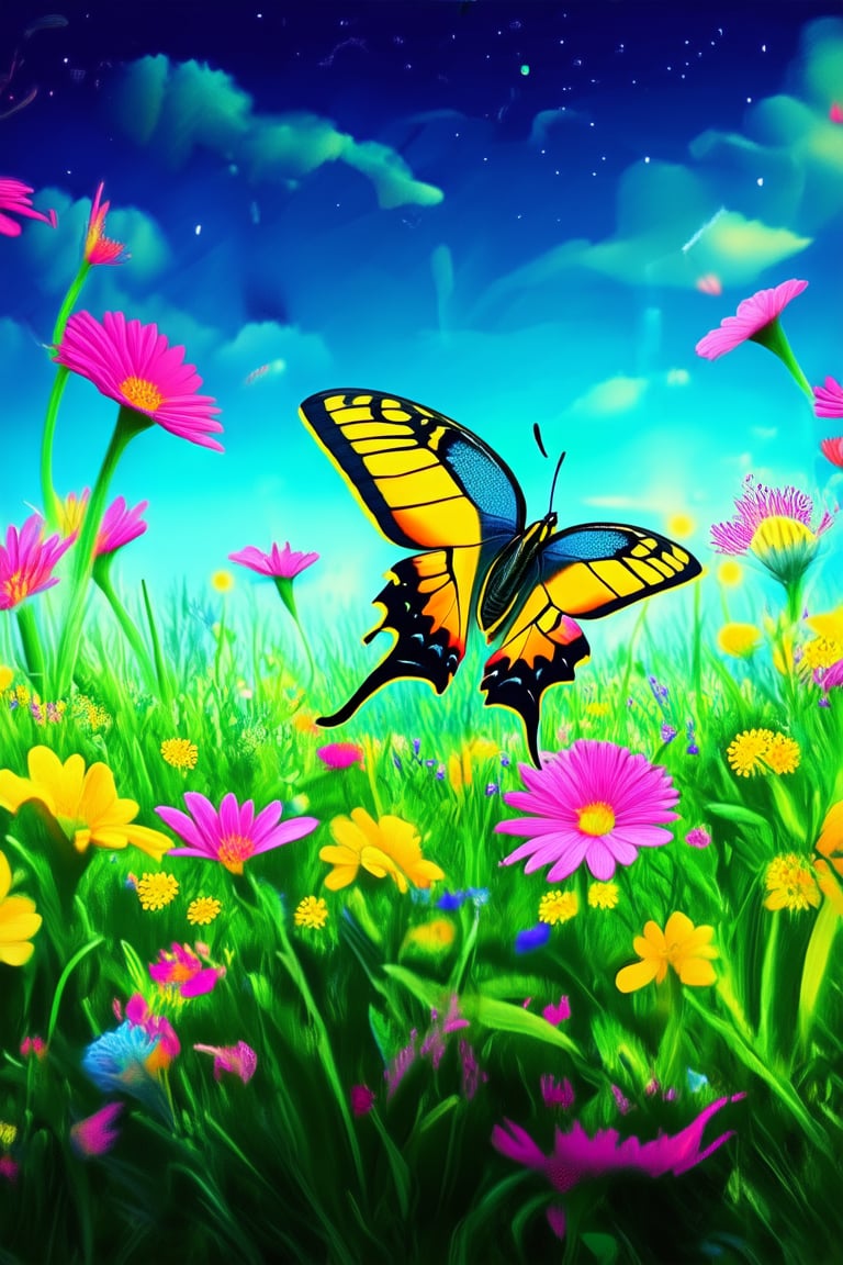 A whimsical scene unfolds in a warm, sun-kissed meadow, where a bright yellow butterfly with iridescent blue wings dances amidst a kaleidoscope of colorful wildflowers. The vibrant hues of the blooms - radiant pinks, electric blues, and sunshine yellows - burst forth from the lush green grass, creating a breathtakingly beautiful still life.