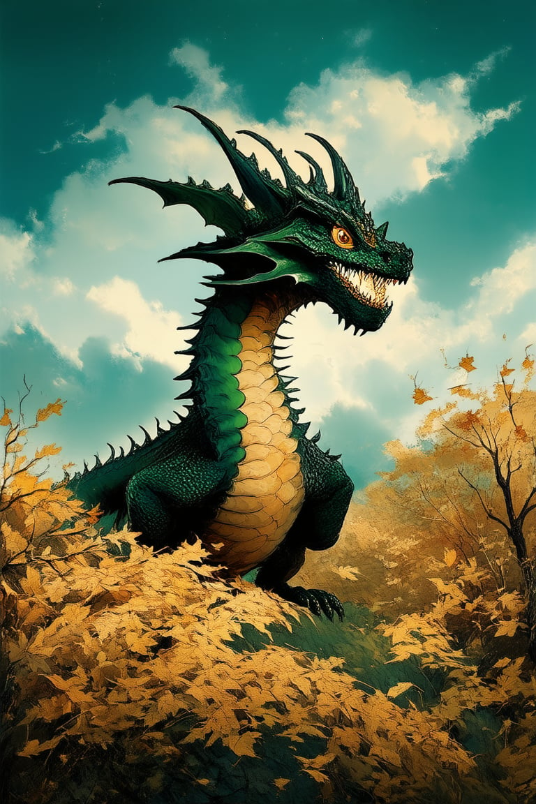 Vibrant fantasy realm: a whimsical landscape with rolling hills of emerald green, wispy clouds drifting lazily across cerulean skies, and ancient trees towering above like nature's sentinels. In the foreground, a majestic dragon, scales glinting in shades of burnished bronze, stretches its serpentine body amidst a tumble of golden leaves.