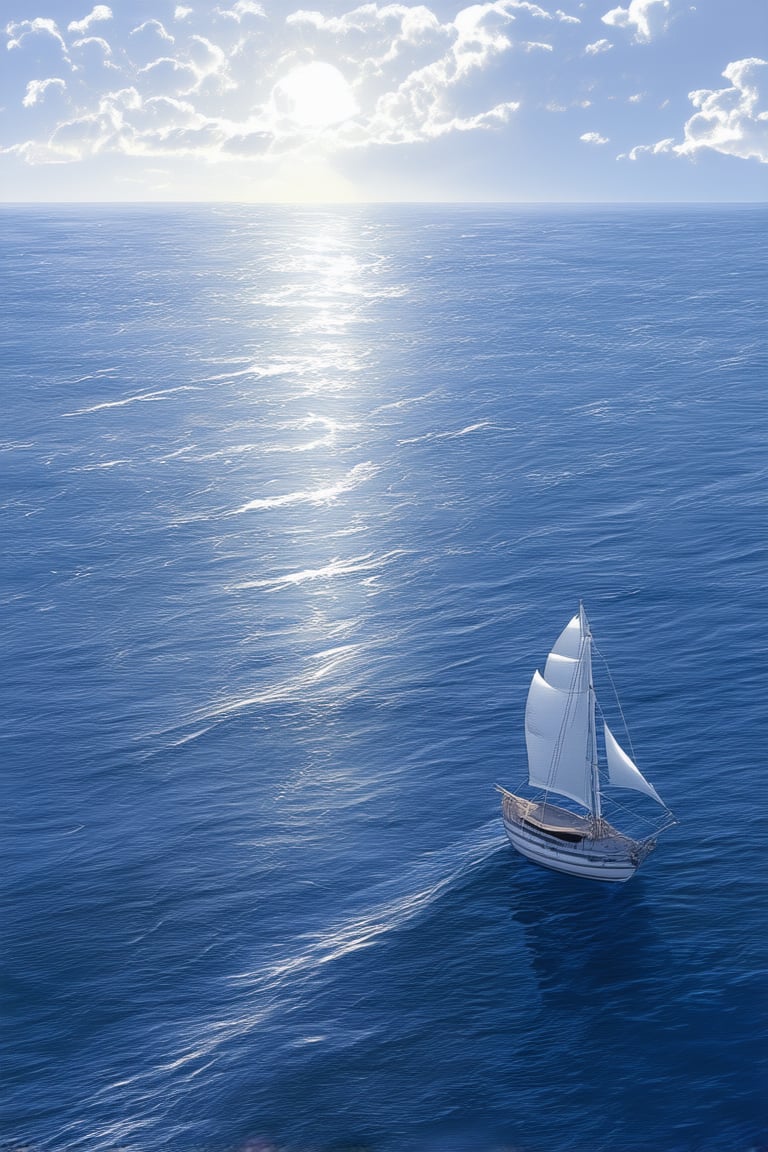 A majestic blue ocean sprawls across the frame, with sunlight dancing through wispy clouds, casting a warm glow on the serene waters. A solitary sailboat glides effortlessly, its white sails billowing in harmony with the gentle breeze. The horizon stretches out to infinity, meeting the sky at a subtle curve, inviting the viewer to step into the peaceful scene.