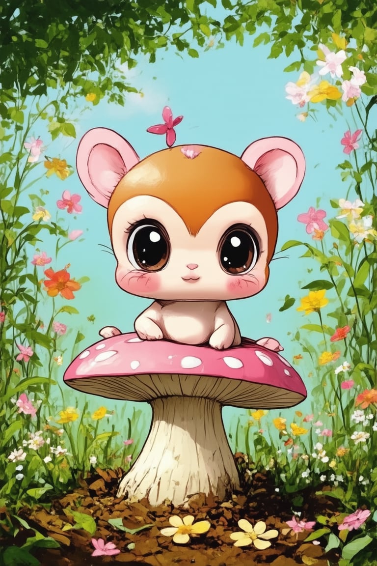 A whimsical chibi scene: a miniature, super-deformed Eveything (a fantastical creature?) sitting on a toadstool, surrounded by lush greenery and vibrant wildflowers. Soft, warm sunlight casts a gentle glow, highlighting the creature's adorable features - oversized eyes, rosy cheeks, and a mischievous grin. The composition is playful, with the chibi Eveything centered amidst the natural beauty of the forest floor.