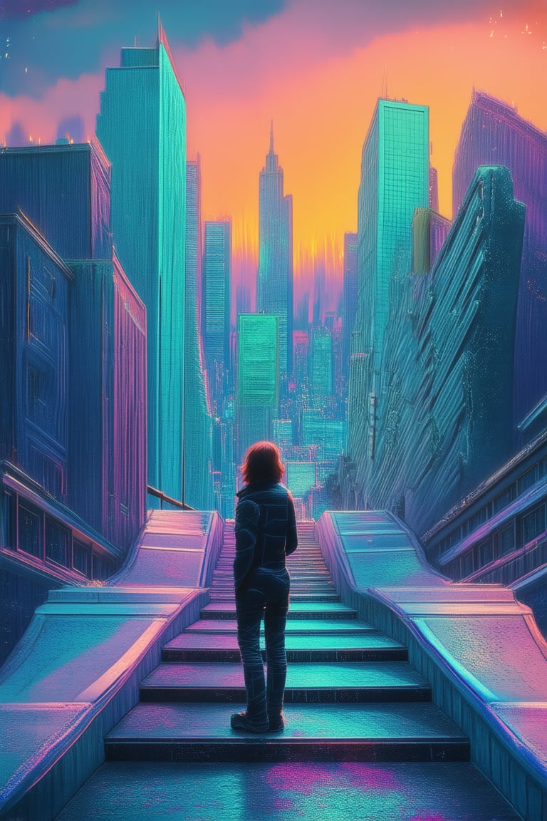 A surrealistic cityscape at dusk, where buildings morph into iridescent hues, like a gradient painting come to life. Softly glowing skyscrapers in shades of blue and green blend seamlessly with the orange-red sky, creating an otherworldly atmosphere. In the foreground, a lone figure stands atop a stairway, gazing out at the kaleidoscope cityscape, lost in thought.