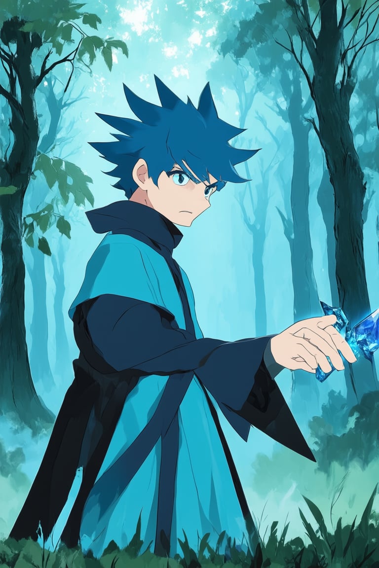 A vibrant blue-hued anime scene: A young protagonist with short, spiky blue hair stands confidently in a misty morning forest, surrounded by towering trees with leaves that shimmer like sapphires. Soft sunlight filters through the canopy, casting a warm glow on their determined expression and outstretched hand, grasping a glowing blue sword.