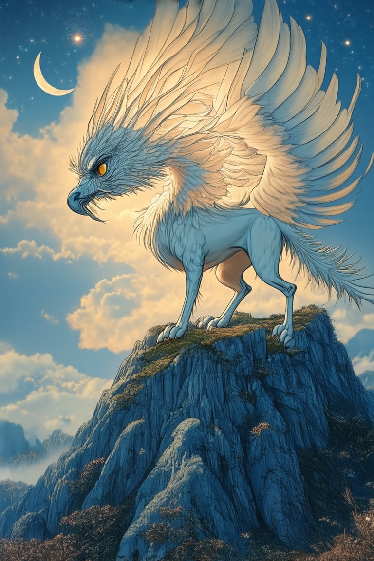 A mystical realm unfolds as a majestic Griffin stands atop a misty mountain peak, its piercing eyes scanning the horizon. The warm golden light of sunrise casts an ethereal glow on its feathers and fur, while the surrounding landscape fades into a soft blue haze. In the foreground, a delicate crescent moon shines bright, surrounded by wispy tendrils of cloud.