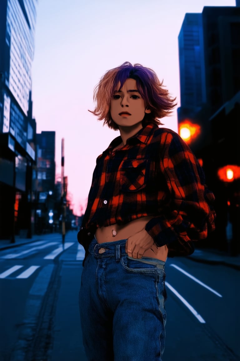 A retro-inspired scene: a young person with bold, chunky highlights in their hair, sporting high-waisted jeans and oversized flannel shirt, posed against a neon-lit city backdrop at dusk, with the faint glow of streetlights casting long shadows. The atmosphere is nostalgic and carefree, reminiscent of the grunge era's DIY spirit.