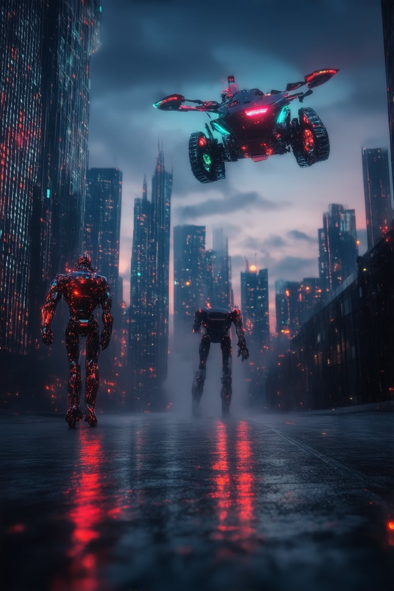 A futuristic cityscape at dusk: sleek skyscrapers pierce the darkening sky, their LED lights glowing like a neon tapestry. A lone hoverbike soars through the misty air, its headlights casting an eerie glow on the wet pavement. In the foreground, a humanoid robot stands still, its metallic body reflecting the vibrant hues of the cityscape as it surveys its surroundings with cold, calculating eyes.