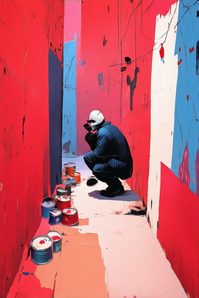 A dimly lit alleyway at dusk, with a hint of mist swirling around the walls. In the center, a masked figure - Banksy himself - crouches, surrounded by half-finished stencil art and scattered paint cans. The air is thick with anticipation as he contemplates his next masterstroke, the city's secrets hidden behind his enigmatic gaze.