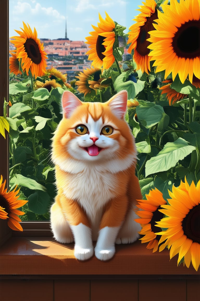 A whimsical illustration of a smiling cat sitting on a windowsill, surrounded by lush greenery and bright sunflowers. The cat's fur is depicted in soft, fluffy textures with warm golden tones. In the background, a faint cityscape can be seen through the window, with sunlight casting a gentle glow.